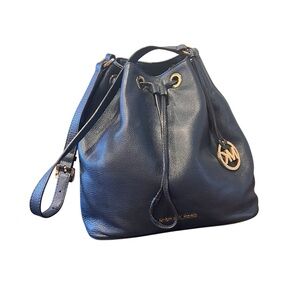 Michael Kors Navy Blue Bucket Bag with Gold Accents